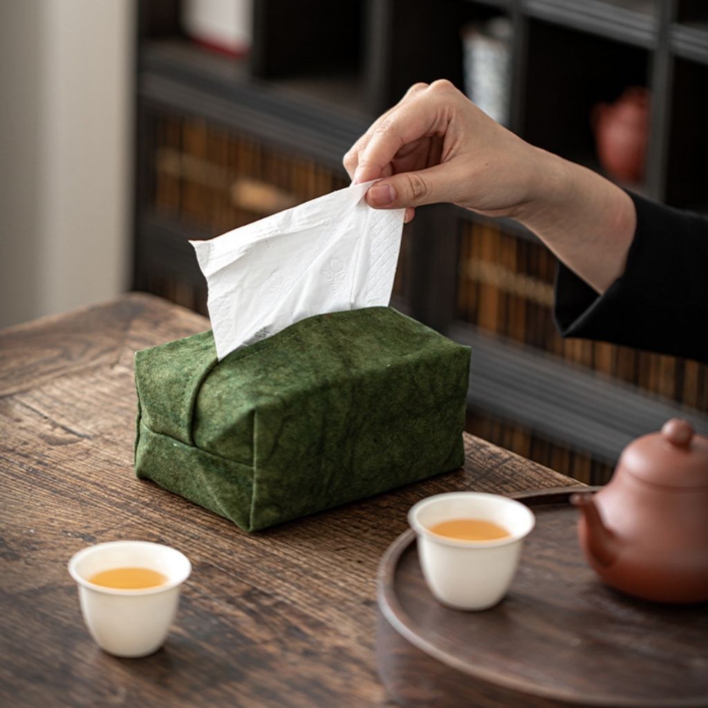 Compact rectangular fabric tissue cover with flexible fit design for standard tissue boxes and storage