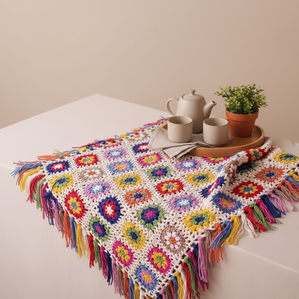 Plush crochet blanket with intricate colorful yarn patterns and soft handcrafted texture