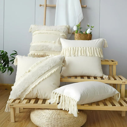 Handcrafted tassel pillow covers with tufted design for authentic bohemian bedroom decor