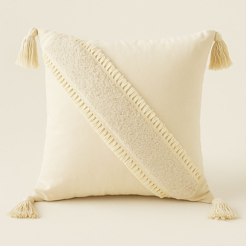 Boho tufted pillowcase with tassel details for decorative bedroom styling and comfort