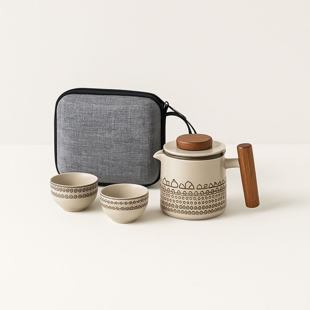 Portable ceramic teapot with matching cups designed for travel and outdoor tea ceremonies