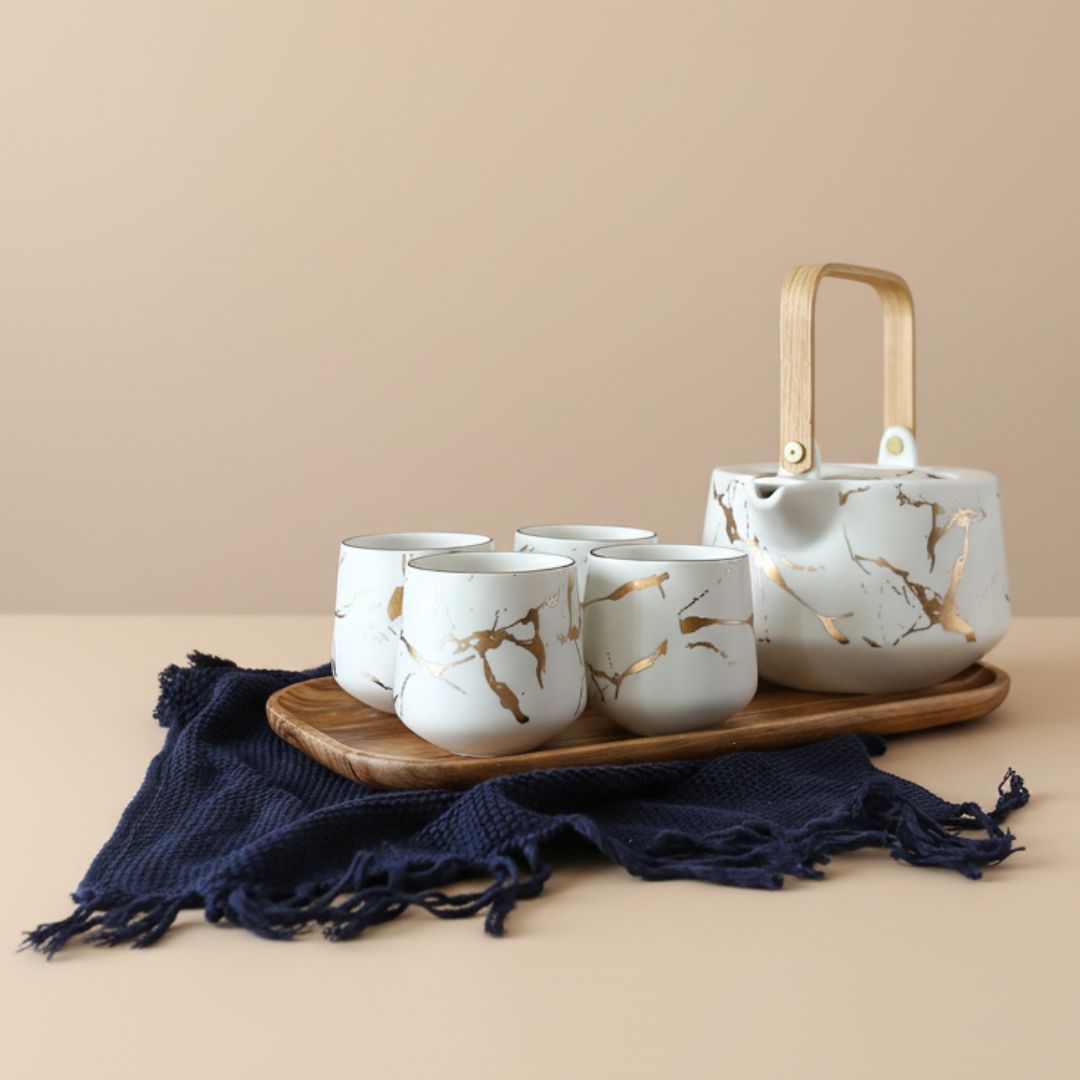 Marble glaze ceramic tea set with teapot four cups and serving tray for home tea service