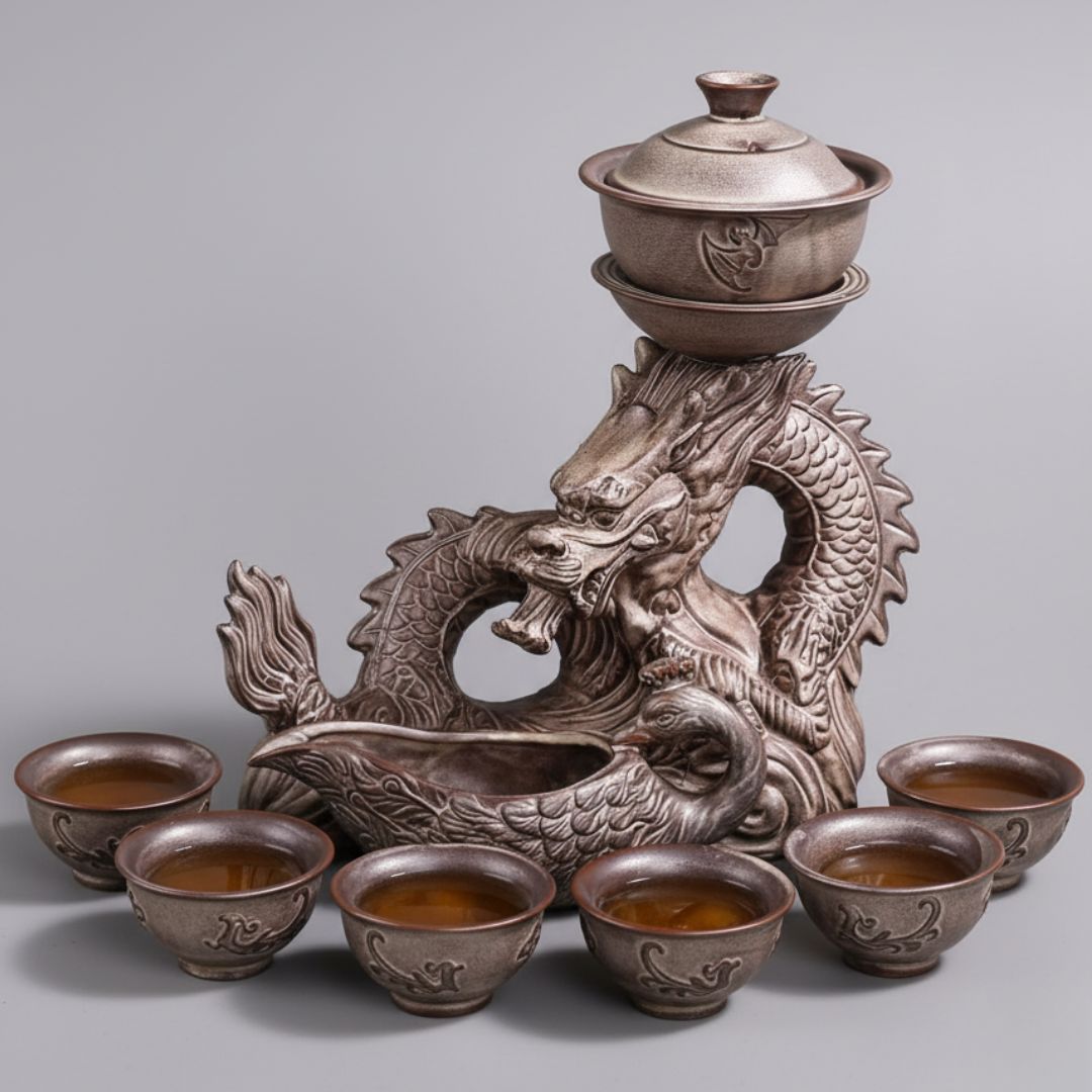 Complete porcelain tea set with six cups and dragon sculpture for authentic tea service