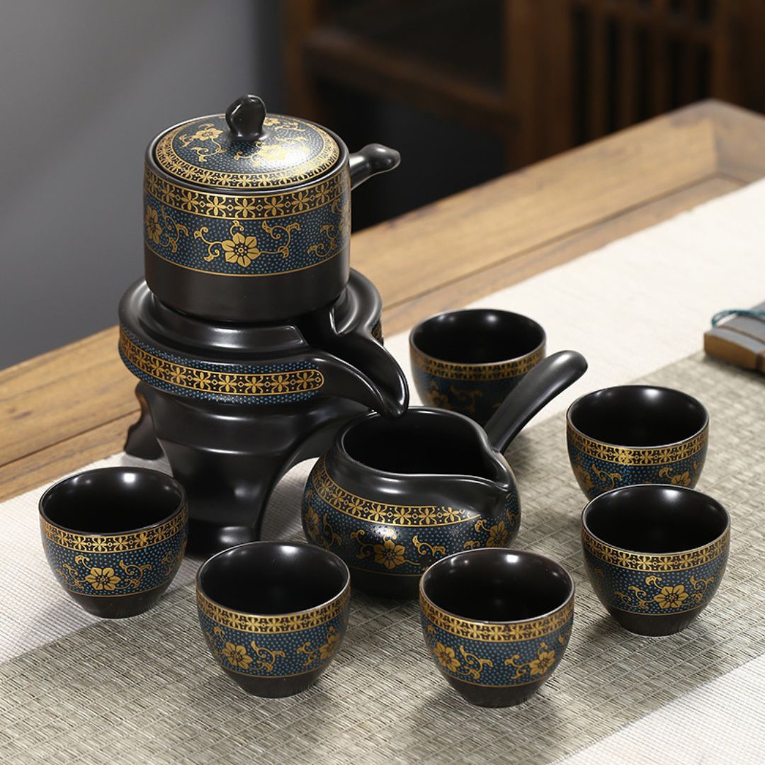 Complete gongfu tea service with teapot chahai and six cups in black ceramic