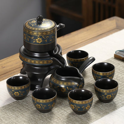 Complete gongfu tea service with teapot chahai and six cups in black ceramic