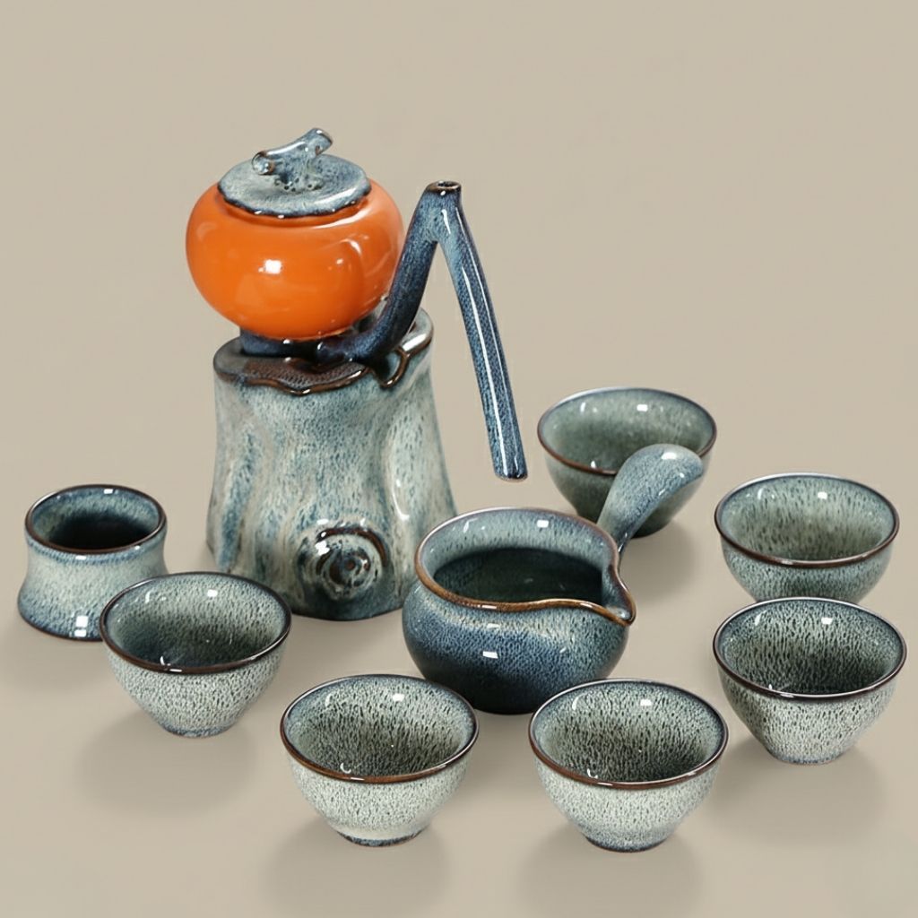Automatic ceramic tea set with kiln change glaze in persimmon color for Chinese tea ceremony