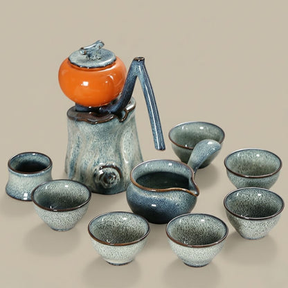 Automatic ceramic tea set with kiln change glaze in persimmon color for Chinese tea ceremony