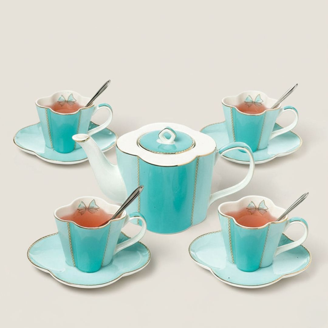 Ceramic afternoon tea set with teapot cups and saucers for British tea service