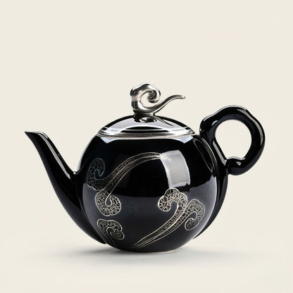 Black ceramic teapot with silver cloud pattern for loose leaf tea brewing 245ml