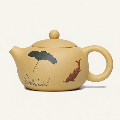 Purple sand clay teapot with hand painted black calligraphy and rounded handle