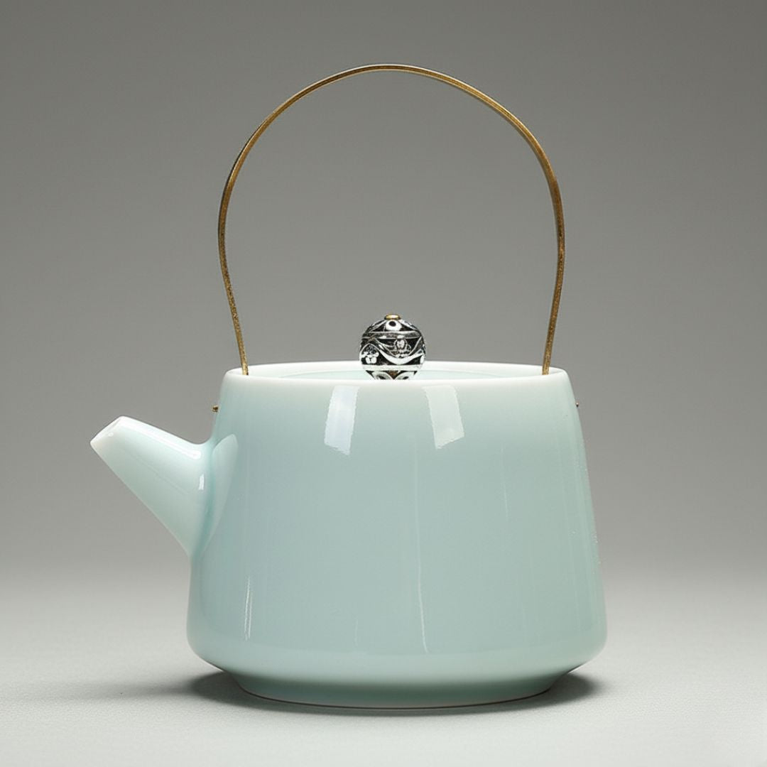 Celadon ceramic teapot with brass handle for loose leaf tea brewing