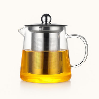 Glass teapot with stainless steel infuser and clear borosilicate body for loose leaf tea brewing