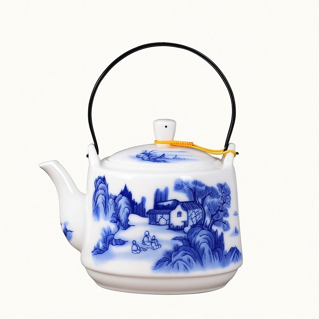 Large ceramic tea pot showing hand painted mountain and tree artwork