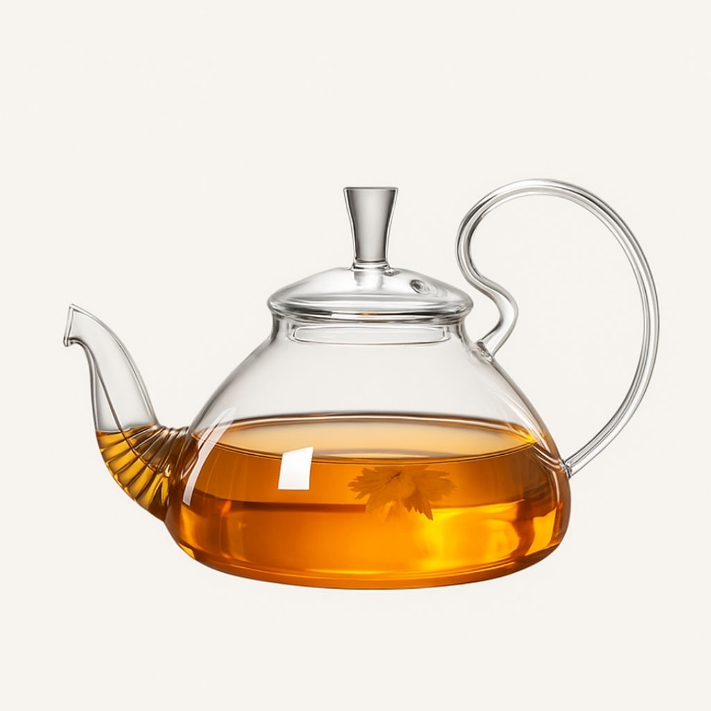 Borosilicate glass teapot with curved handle and smooth spout for loose leaf tea brewing