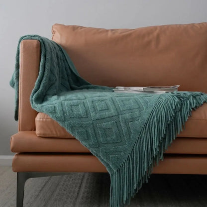 Large acrylic knit throw blanket with jacquard pattern perfect for layering on beds or sofas
