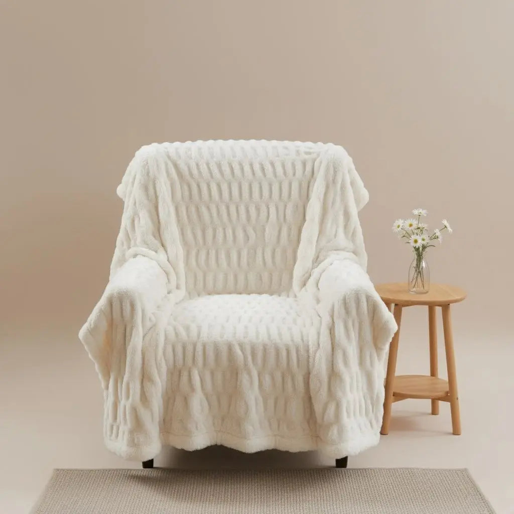 Bubble textured faux fur fleece blanket in neutral tone for sofa and bed use