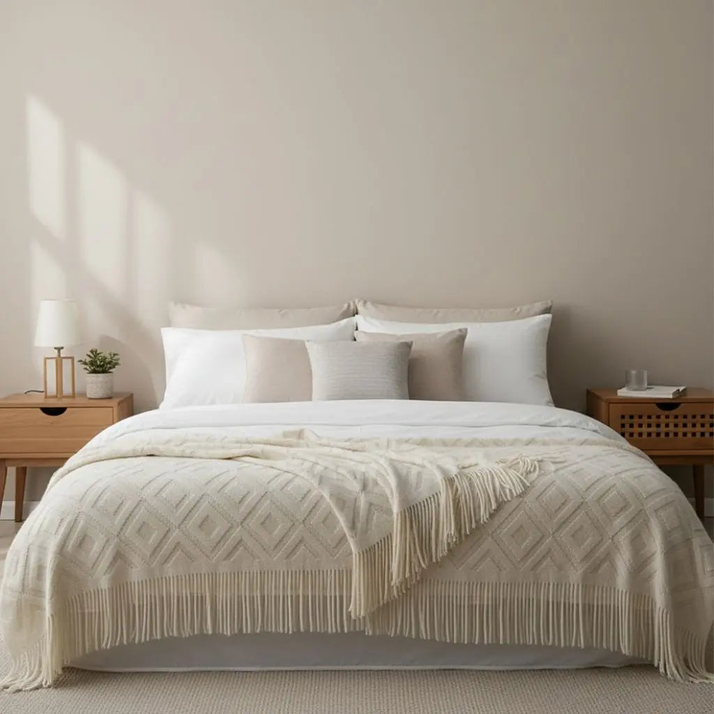 Close up view of acrylic fiber throw showing detailed jacquard knit pattern and soft texture