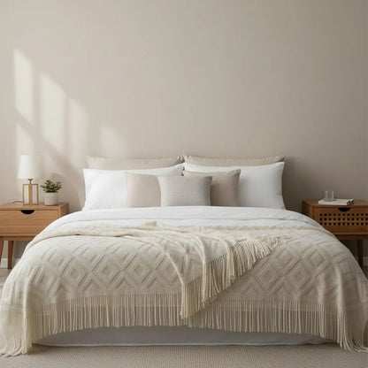 Close up view of acrylic fiber throw showing detailed jacquard knit pattern and soft texture