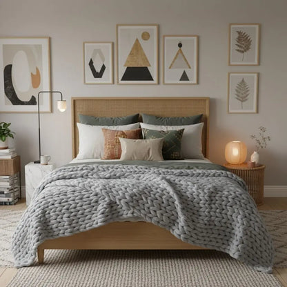 Chunky knit blanket with thick textured weave perfect for draping over sofa or chair