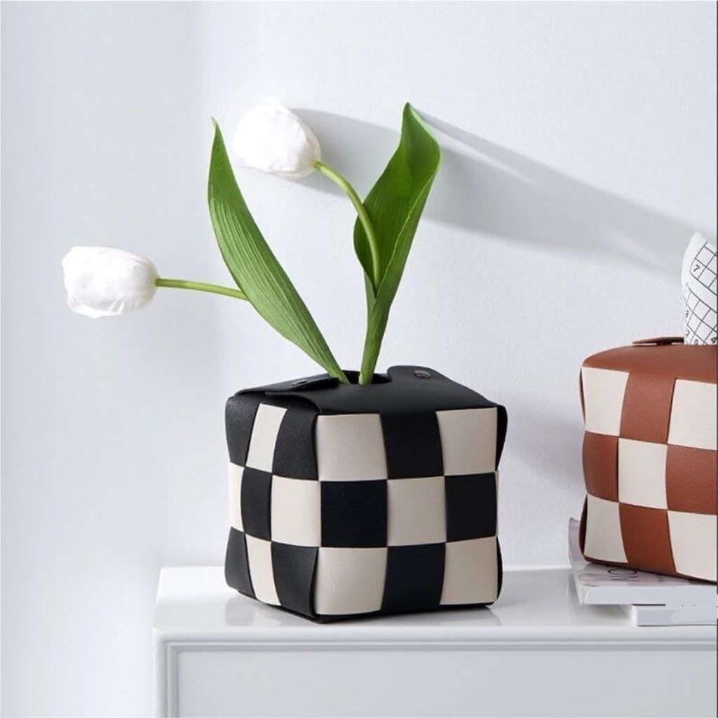 Woven cube design leather tissue holder with textured panels perfect for bathroom and office use