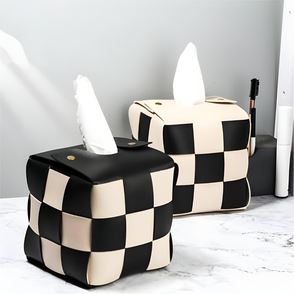 Structured leather tissue dispenser with snap button opening for bedside and home decor styling