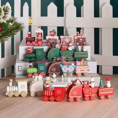 Wooden holiday train with hand painted festive carts perfect for Christmas table centerpiece display