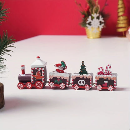 Wooden holiday train set with multiple festive carts featuring gift boxes and seasonal details