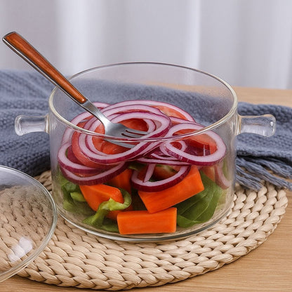 Heat resistant borosilicate glass pot with secure side handles, durable transparent cooking vessel