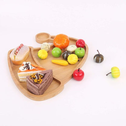 Wooden novelty tray with divided areas in hat form, children’s mealtime scenario.