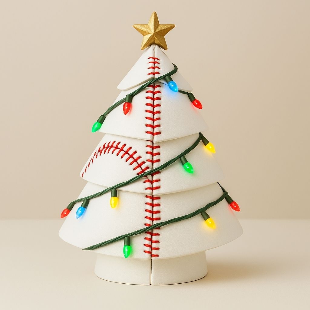 Small football themed christmas tree decoration with illuminated multicolour string lights