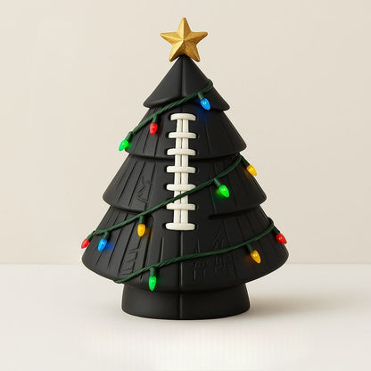 Miniature football textured christmas tree with wrapped lights for desk or shelf display