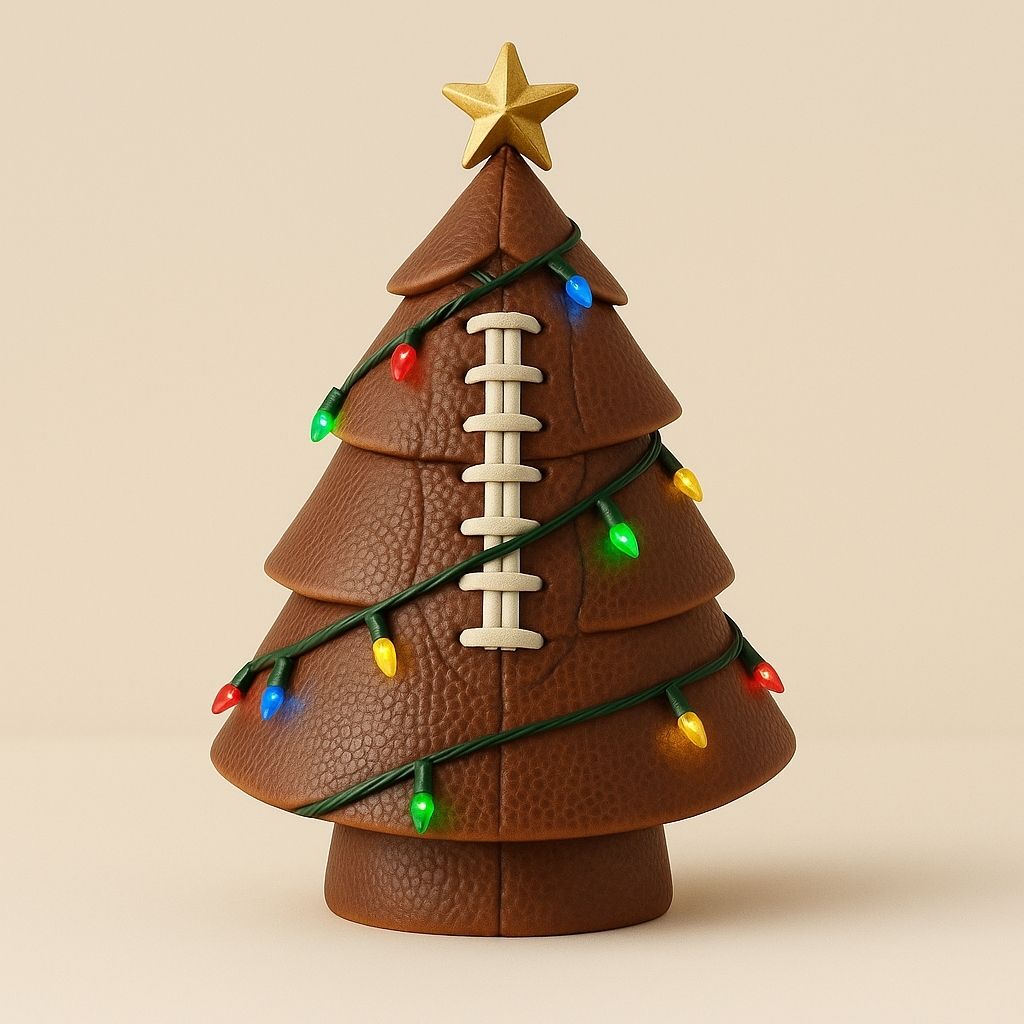 Football textured christmas tree with multicolour string lights and gold star topper on white surface