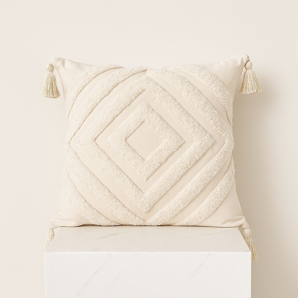  Geometric pillowcase with embroidered diamond texture and decorative corner tassels, 45x45cm size