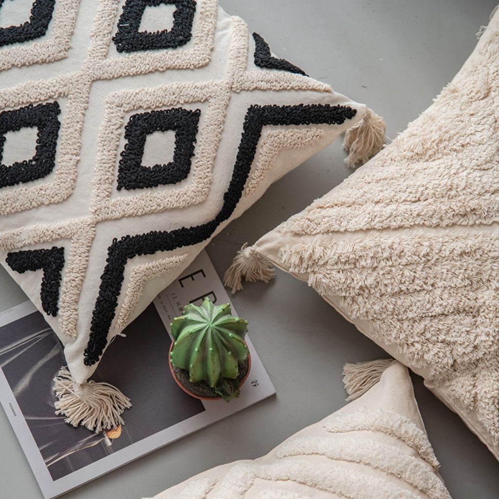 Tufted pillowcase showcasing diamond embroidery pattern with durable chemical fiber construction
