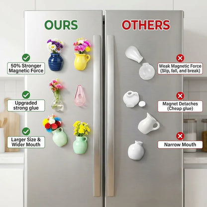 Comparison of magnetic flower vases on a refrigerator door labeled 'OURS' and 'OTHERS'.