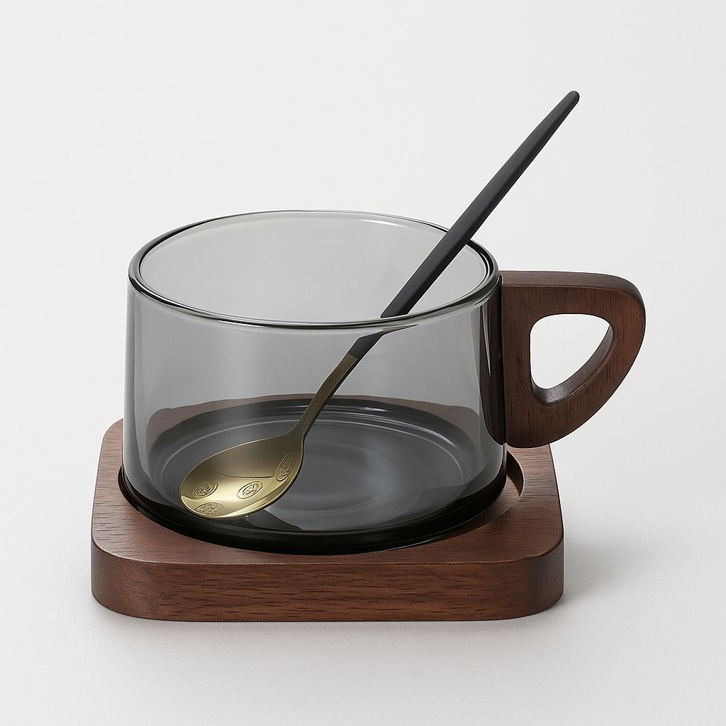  Borosilicate glass coffee cup with ergonomic wooden handle, heat resistant design for hot beverages