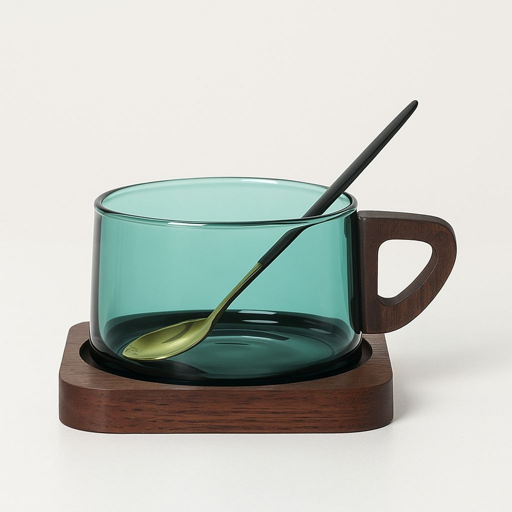 Glass coffee cup set with matching wooden tray, perfect for home entertaining and kitchen use