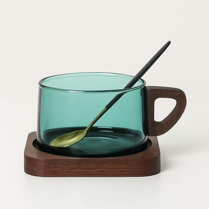 Glass coffee cup set with matching wooden tray, perfect for home entertaining and kitchen use