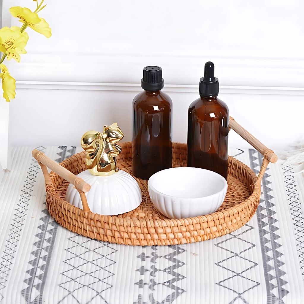 Sustainable rattan organizer tray featuring traditional handcrafted weaving for modern home storage.