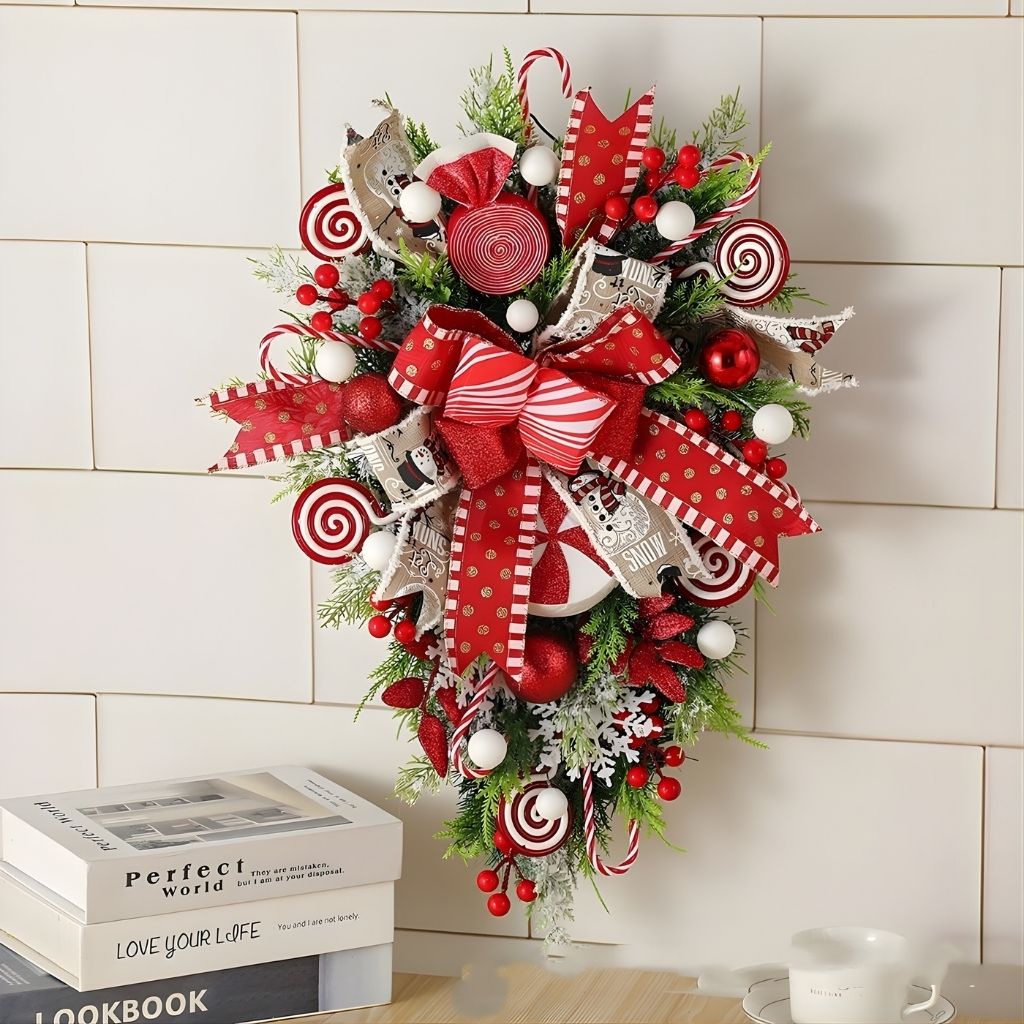 Festive holiday wreath featuring evergreen branches and natural ornaments
