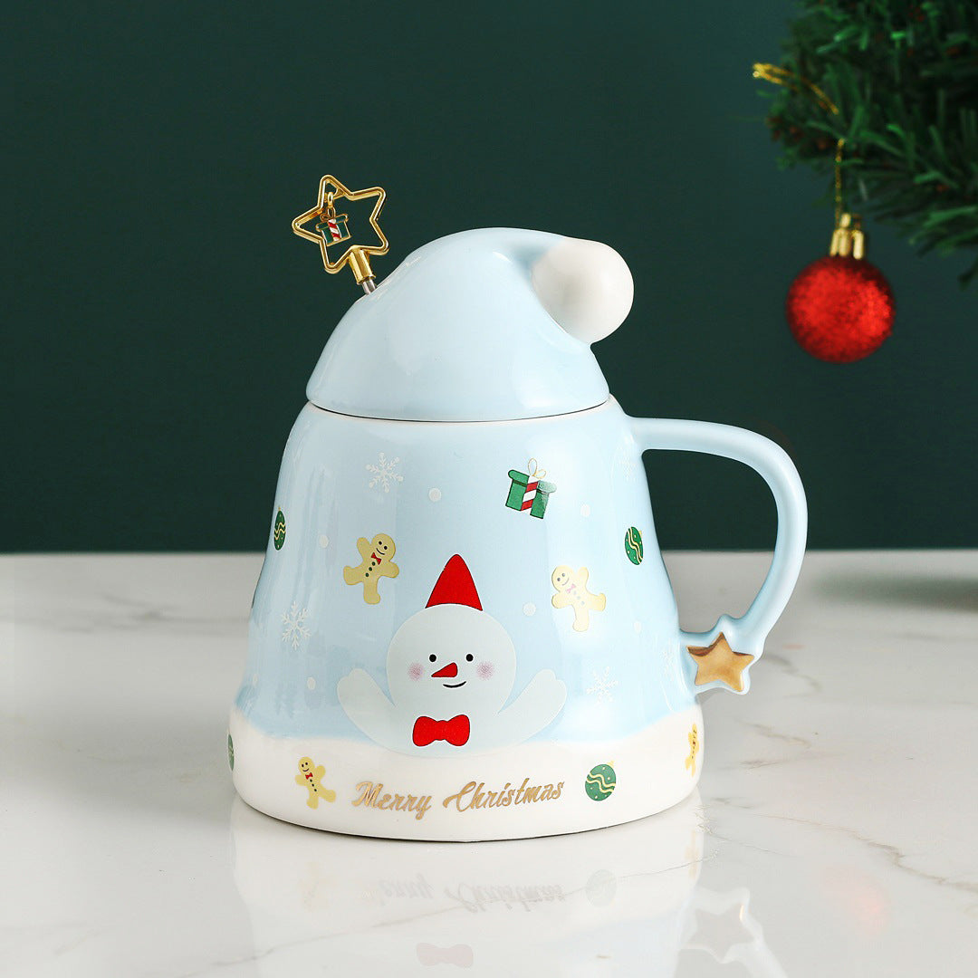 Close view of holiday themed ceramic mug showing detailed festive artwork and smooth glaze