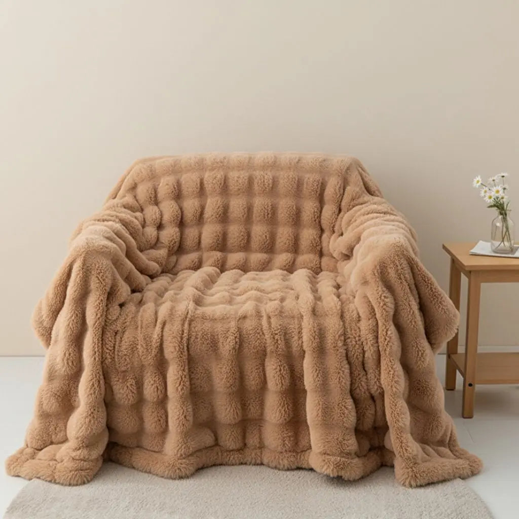 Bubble flannel blanket with textured polyester surface for sofa and bed layering