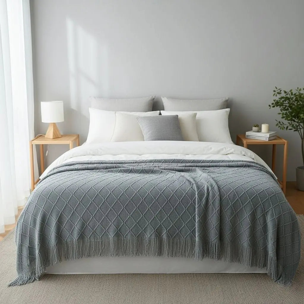 Textured knit throw blanket in cashmere with detailed weave pattern for sofa