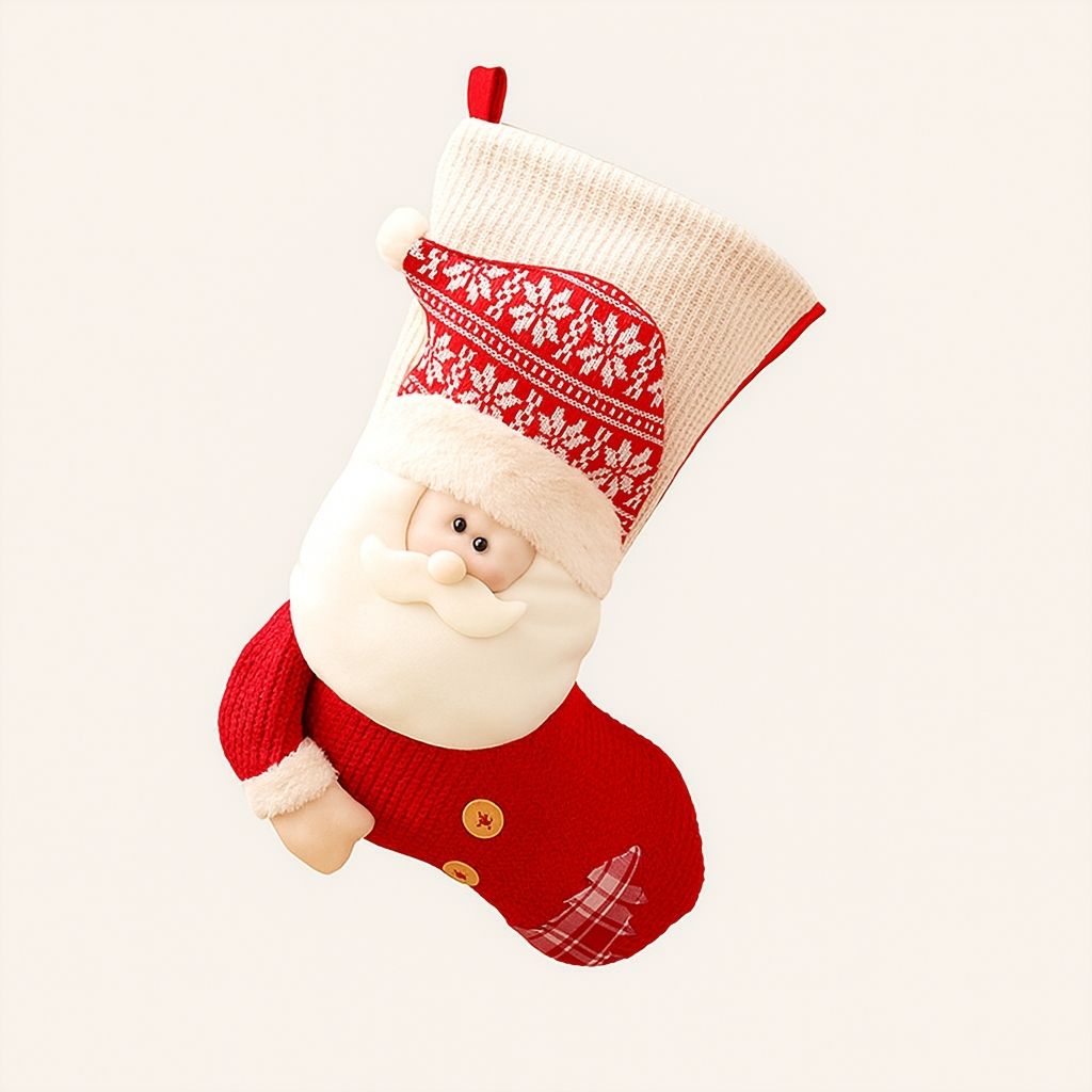 Handmade holiday stocking with ribbed knit texture and decorative cuff detail