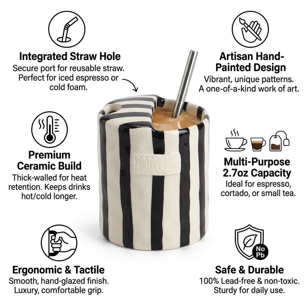 Ceramic cup with black and white striped design, featuring text on its features.