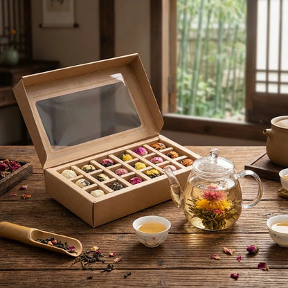 Tea set with a box of assorted tea bags on a wooden table.