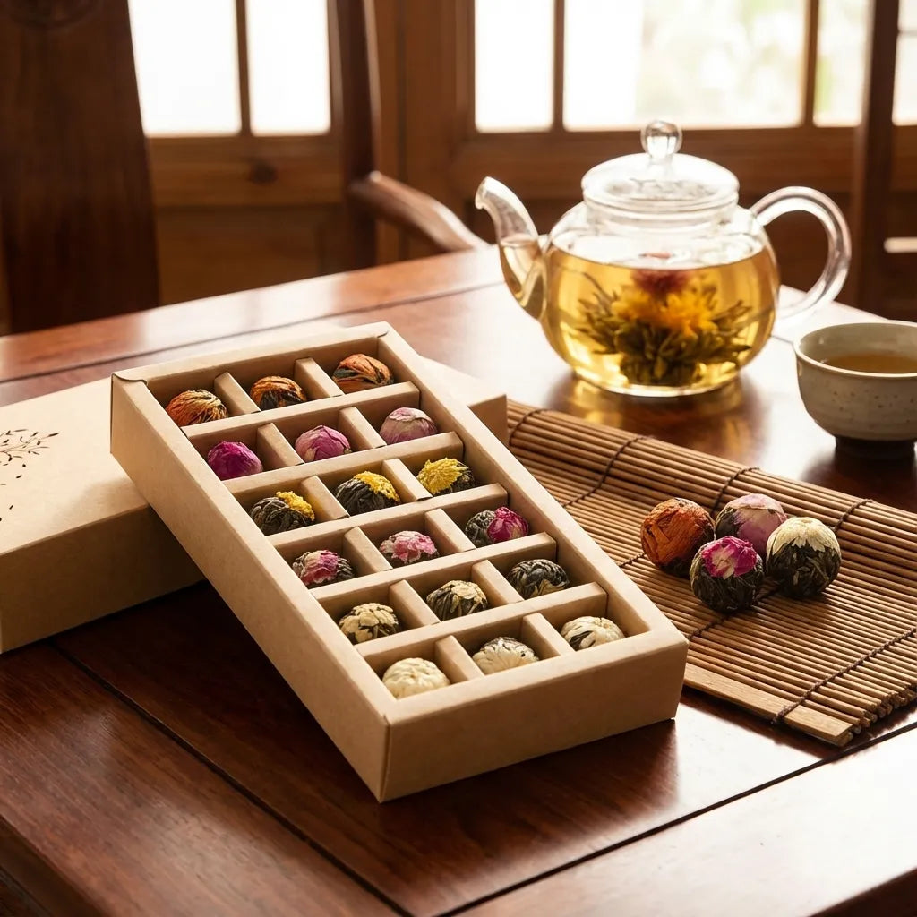 Tea balls in a display case on a wooden table with a teapot and cup in the background.