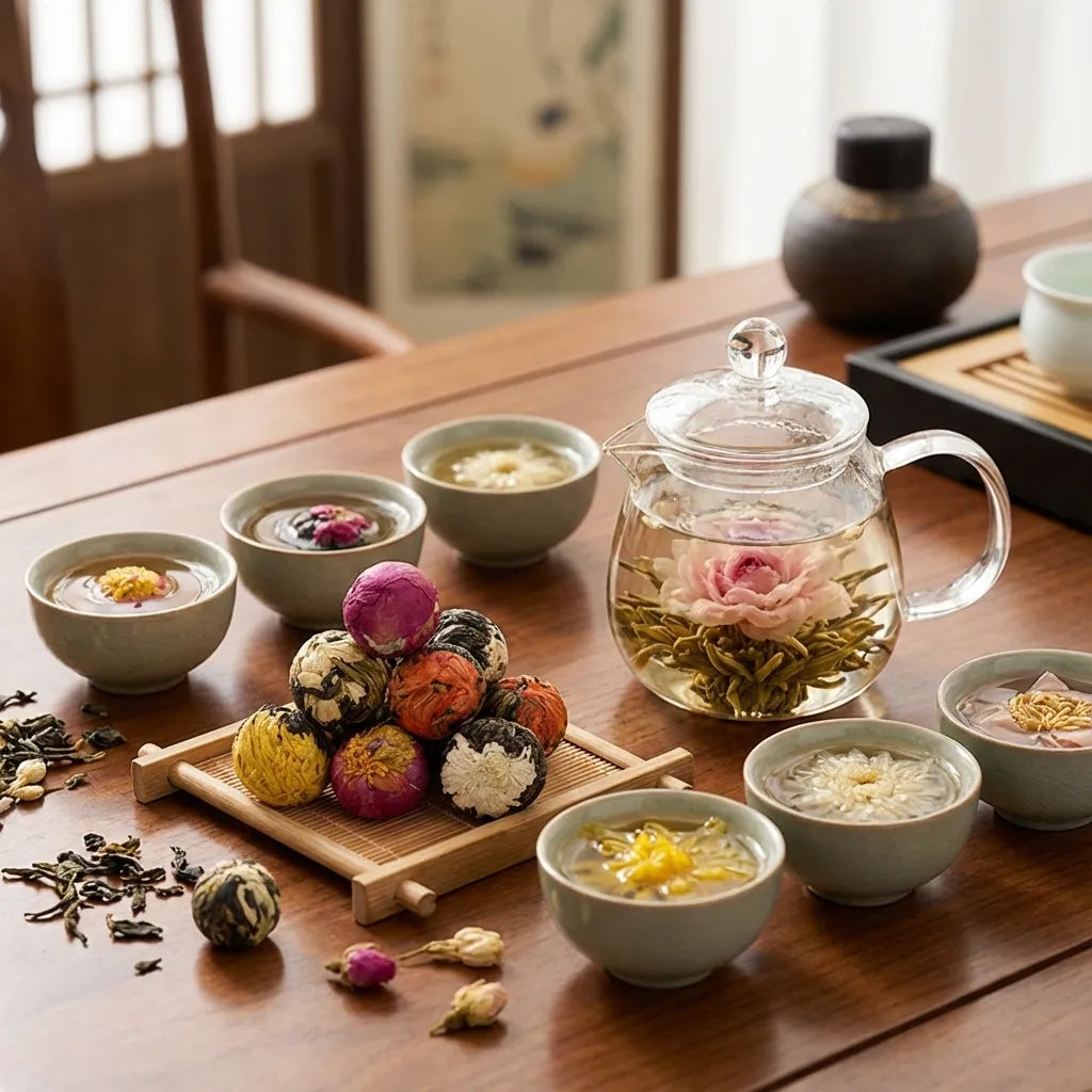 Tea-making setup with floral tea balls, teapot, and cups on a wooden table.