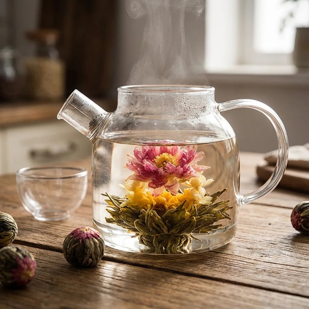 Clear glass teapot with blooming tea flowers on a wooden table