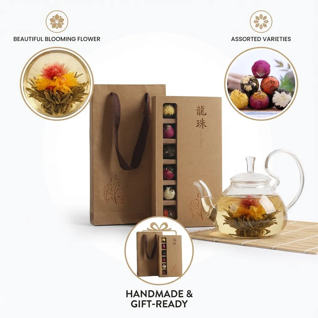 Tea packaging with teapot, gift bag, and tea bags on a white background